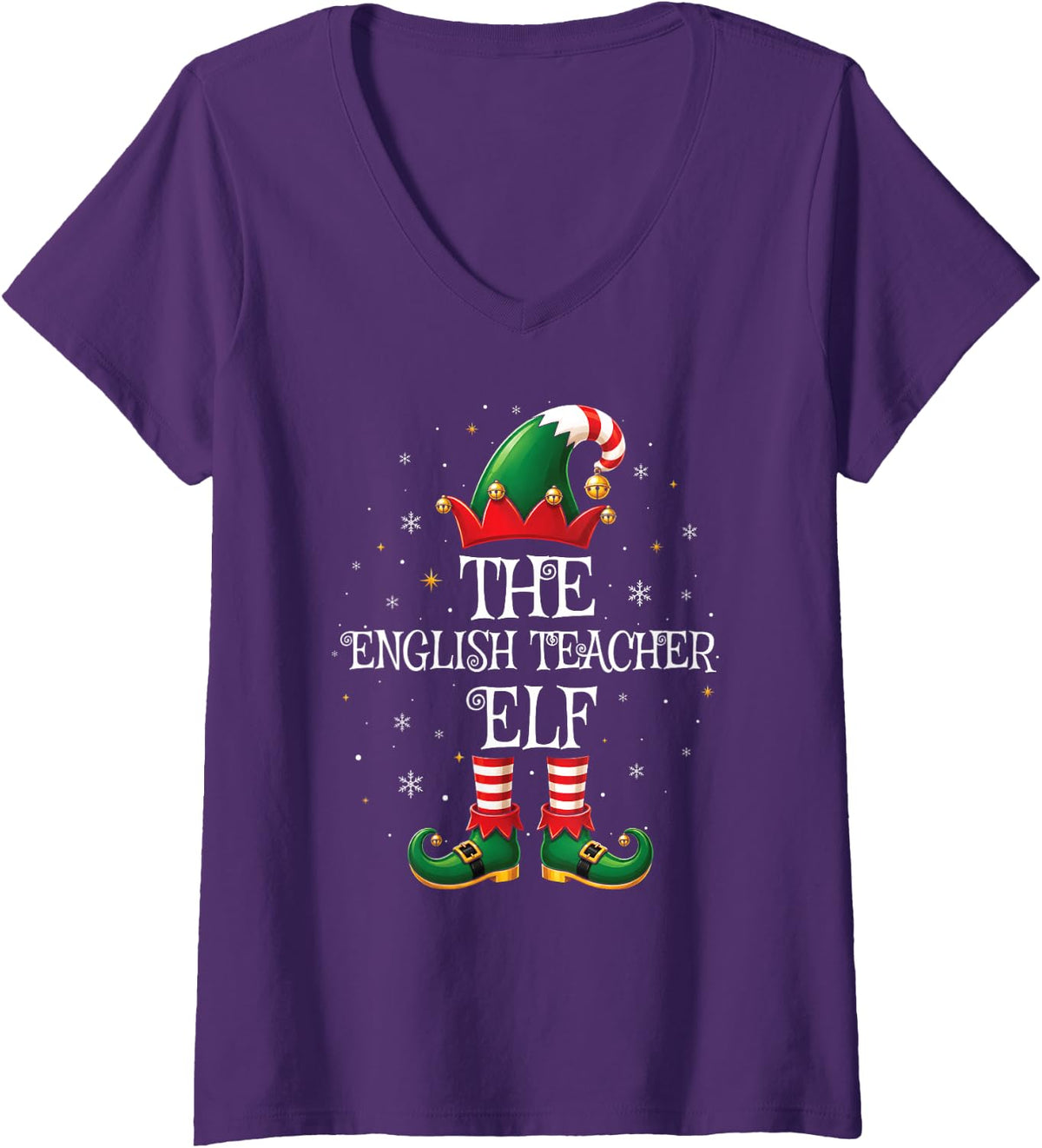 Women's Family Matching Men Women The English Teacher Elf Christmas V-Neck T-Shirt - Purple