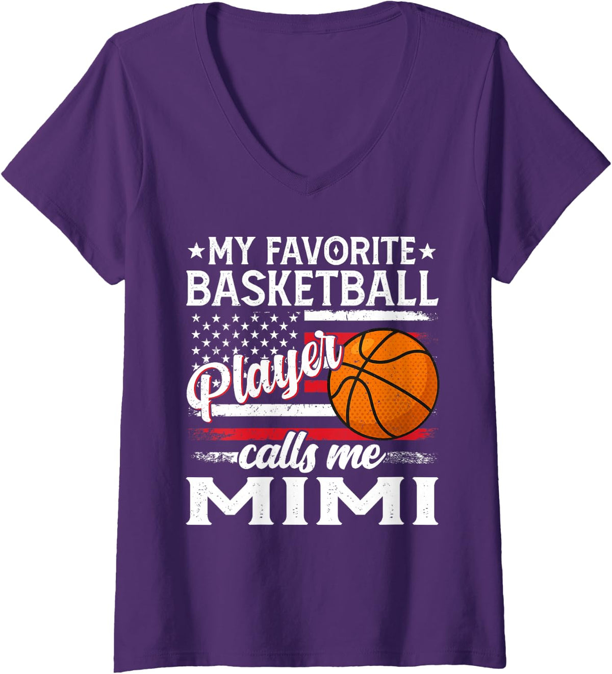Women's My Favorite Basketball Player Calls Me Mimi US Flag V-Neck T-Shirt - Purple