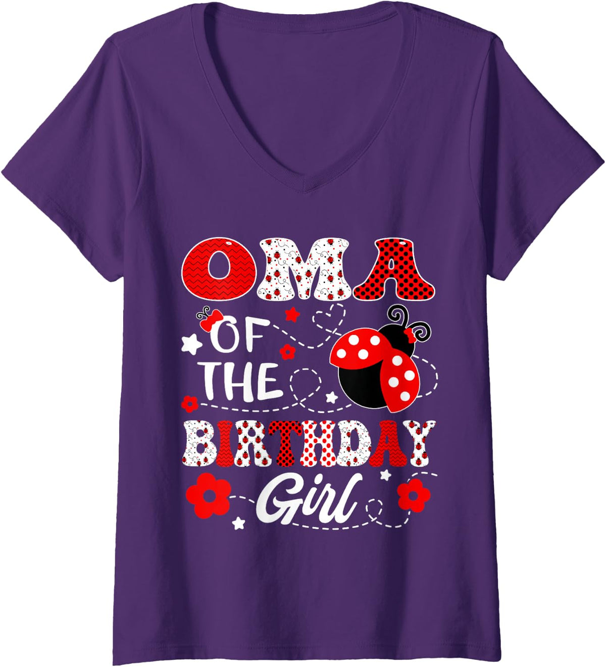 Women's Oma of The Birthday Girl Lady Bug Birthday Party V-Neck T-Shirt - Purple