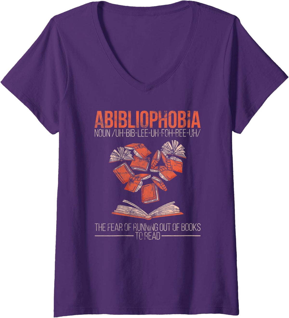 Womens Abibliophobia Funny Reading Books V-Neck T-Shirt - Purple
