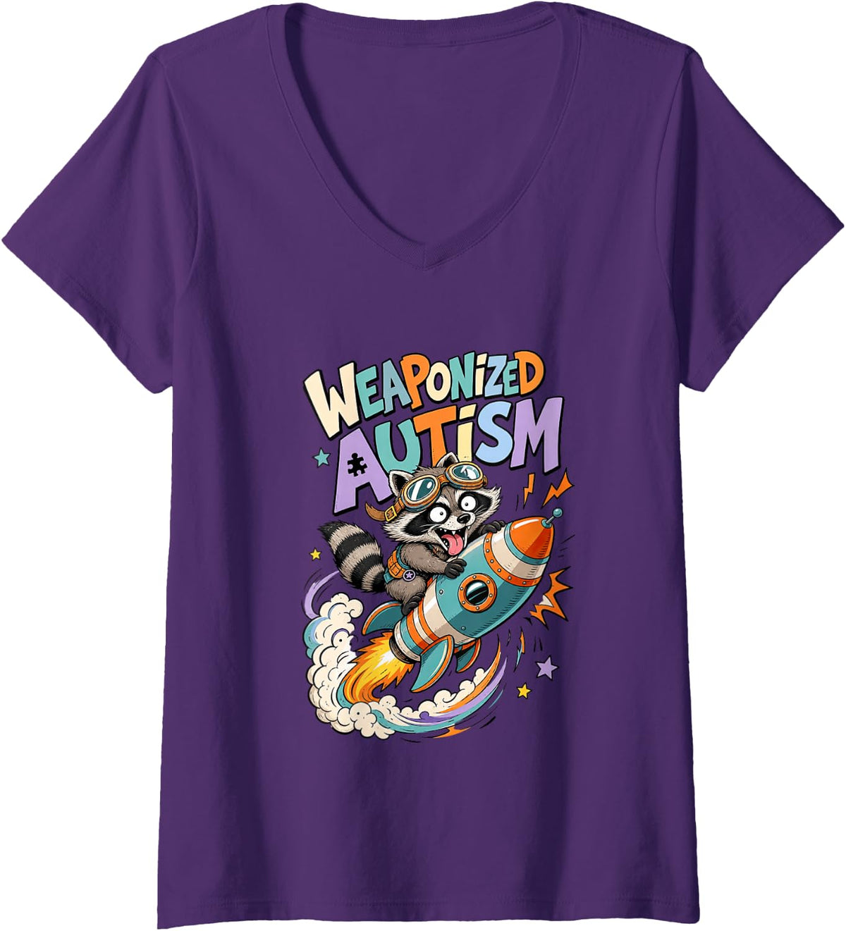 Women's Weaponized Autism Funny Raccoon Rocket Puzzle Men Women V-Neck T-Shirt - Purple