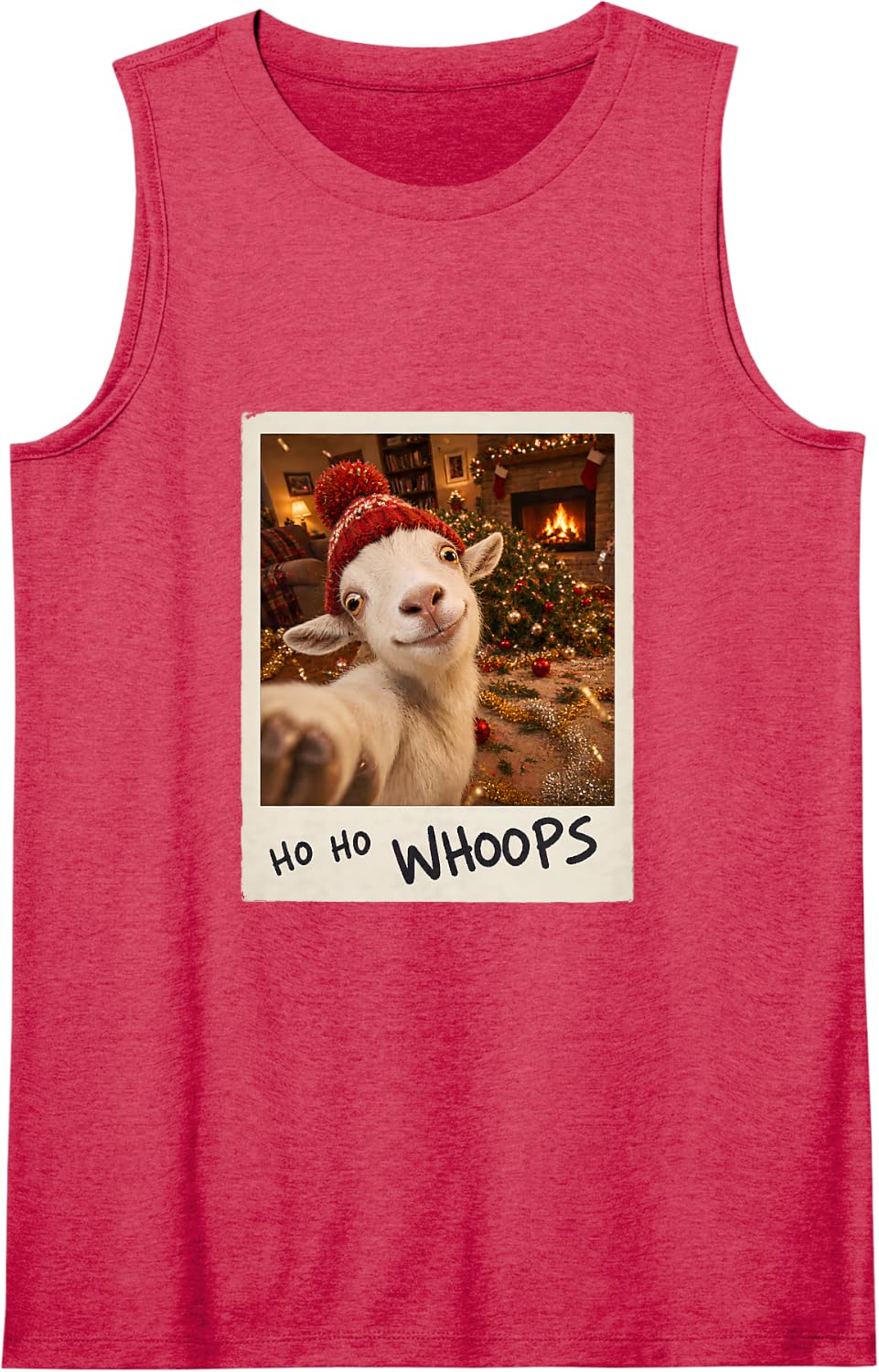 Ho Ho Whoops White Goat Selfie Christmas Funny Sleeveless Tank Top - Red