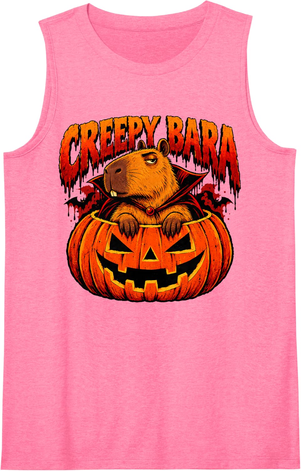 Creepy Bara Capybara Vampire Halloween Pumpkin Pun Funny Sleeveless Tank Top - Pink