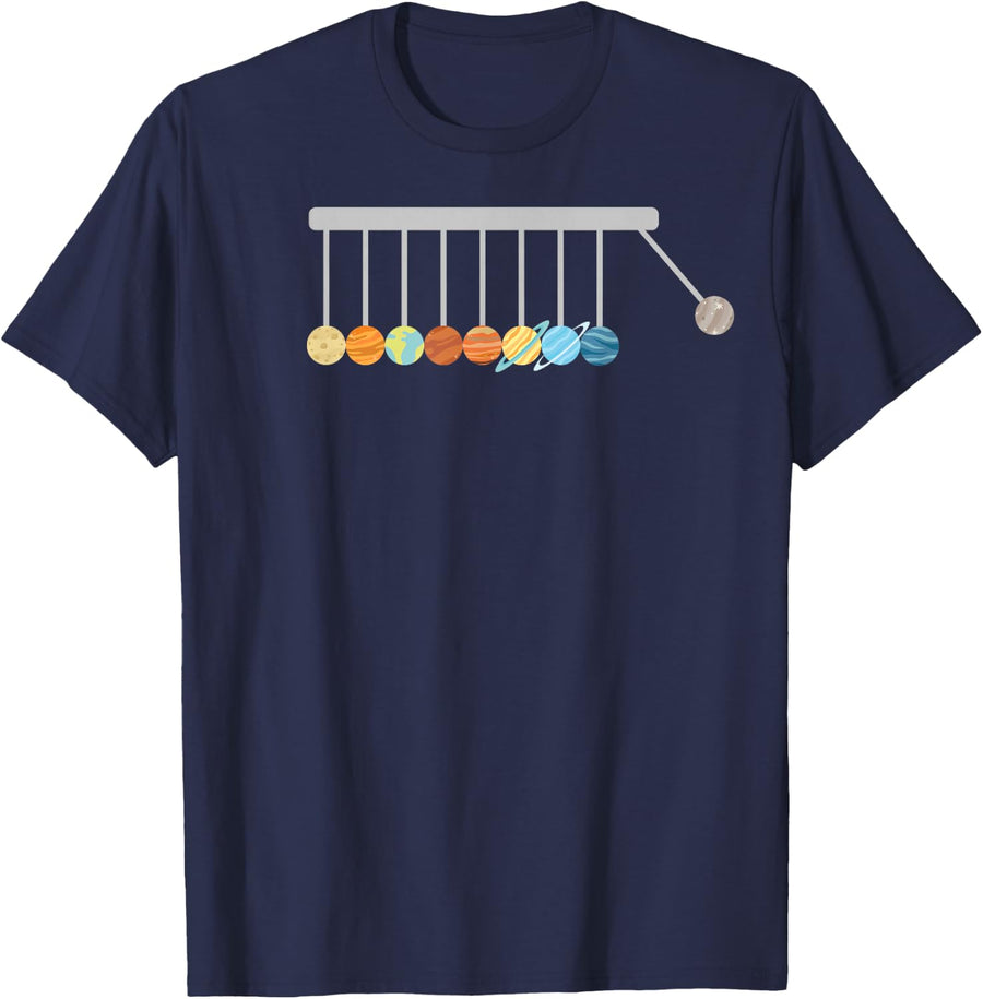 Nerdy Funny Planets Newton's Cradle Space Science Teacher T-Shirt - Navy Blue