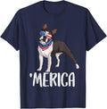 Merica Boston Terrier Dog 4th of July American Flag T-Shirt for Women Kids Men - Navy Blue