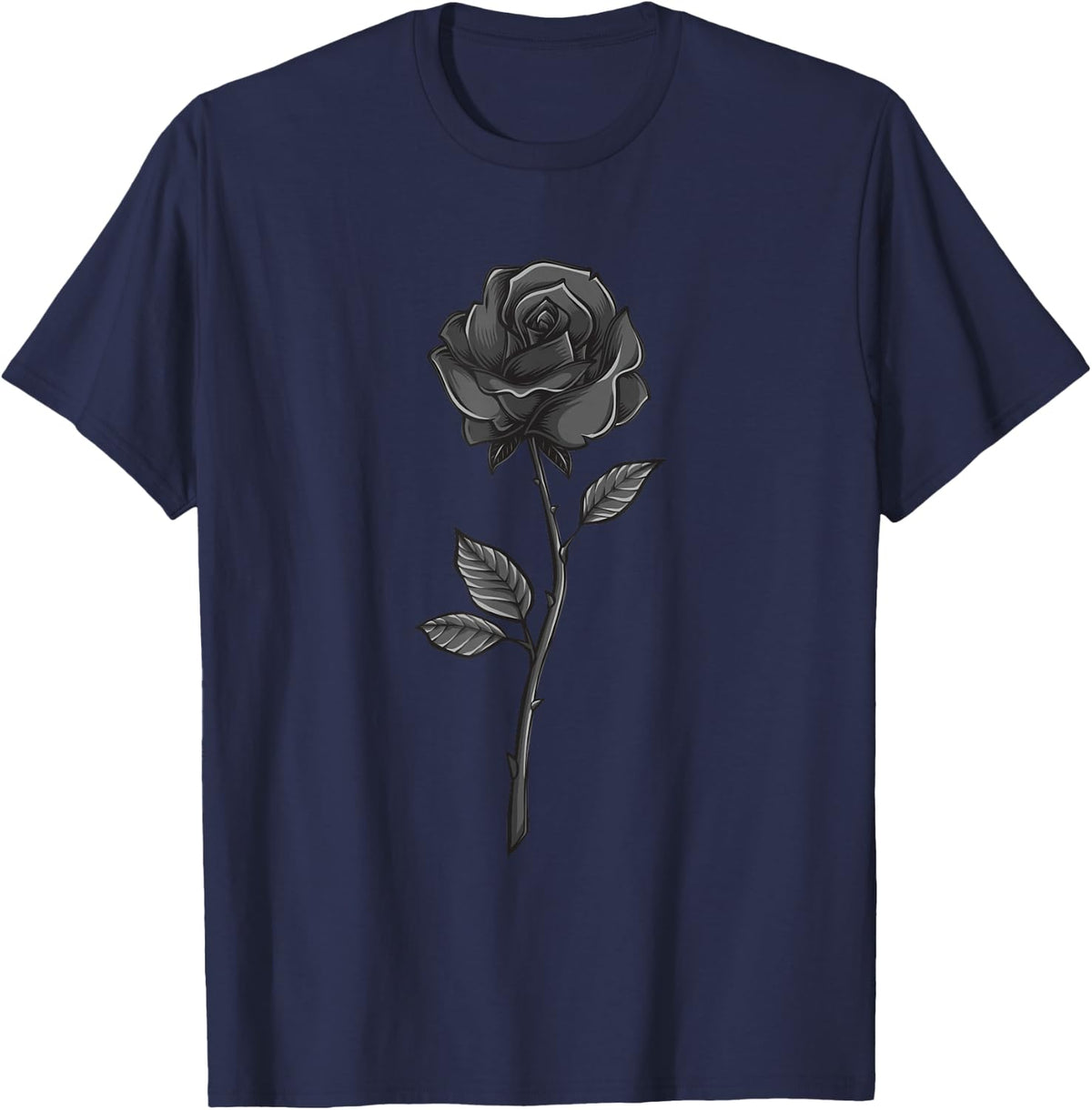 Goth Floral Black Rose Flower Lover T-Shirt - Navy Blue