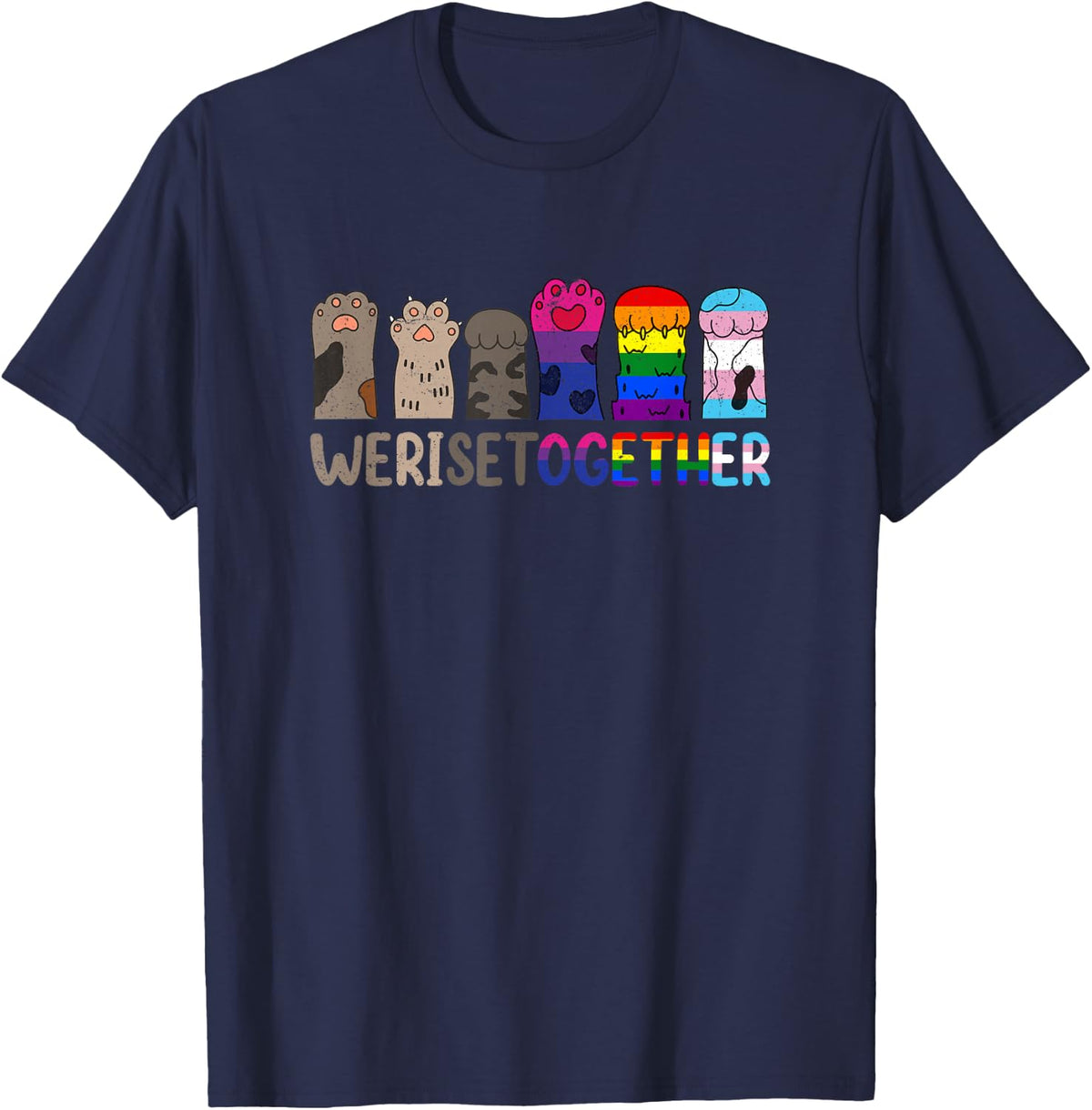 We Rise Together Gay Pride Cat Paw Print Kitten LGBT-Q Ally T-Shirt - Navy Blue