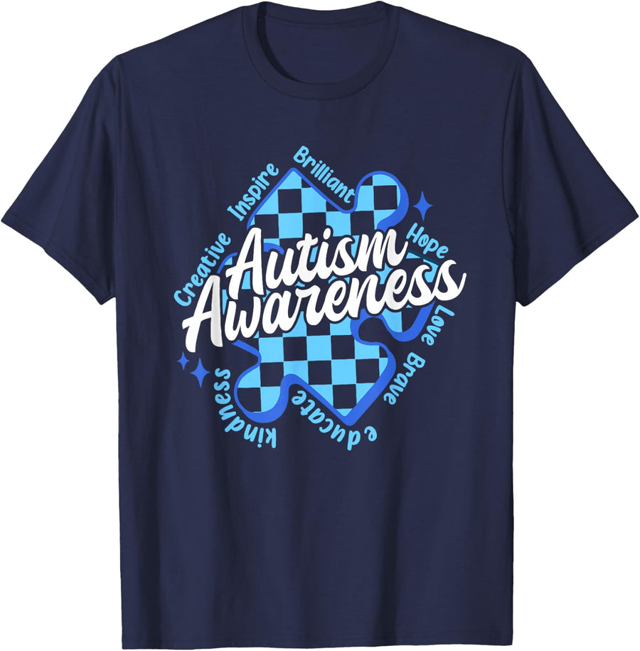 Autism Awareness Puzzle Inspire Kindness Accept Adapt T-Shirt - Navy Blue