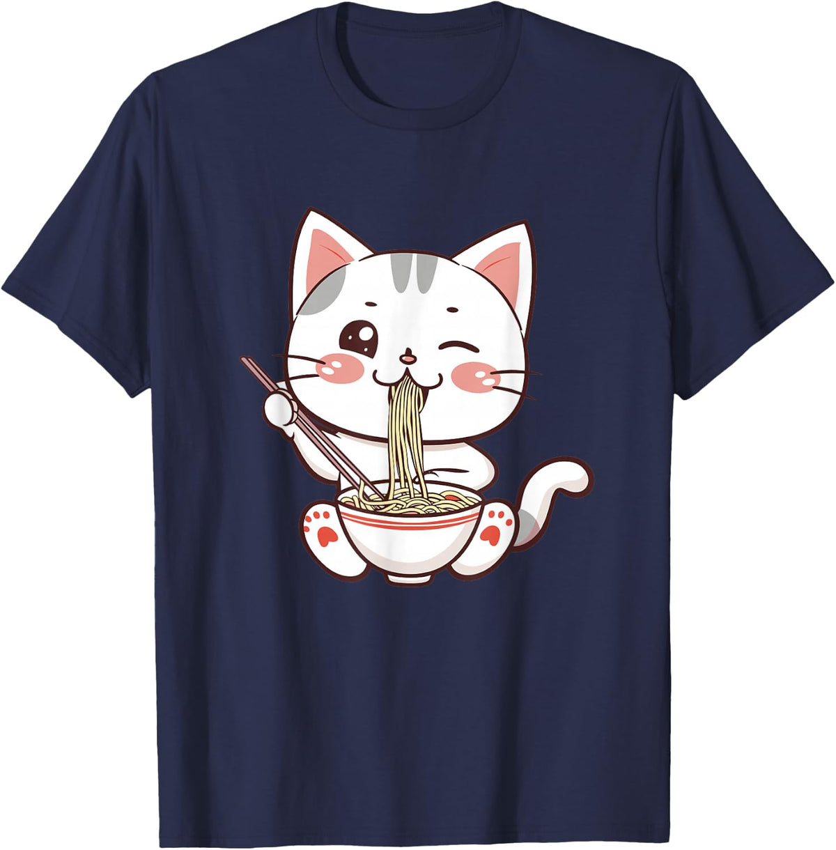 Cat Eating Ramen Shirt Cute Kawaii Anime Cat Noodles Tee T-Shirt - Navy Blue