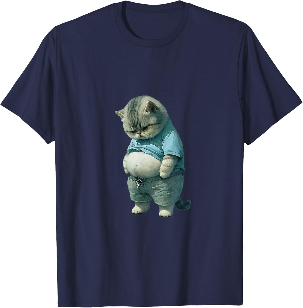 Cute Sad Chubby Cat Funny Relatable Humor Design T-Shirt - Navy Blue