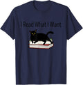 I Read What I Want Cat Funny Bookworms Reading Book T-Shirt - Navy Blue