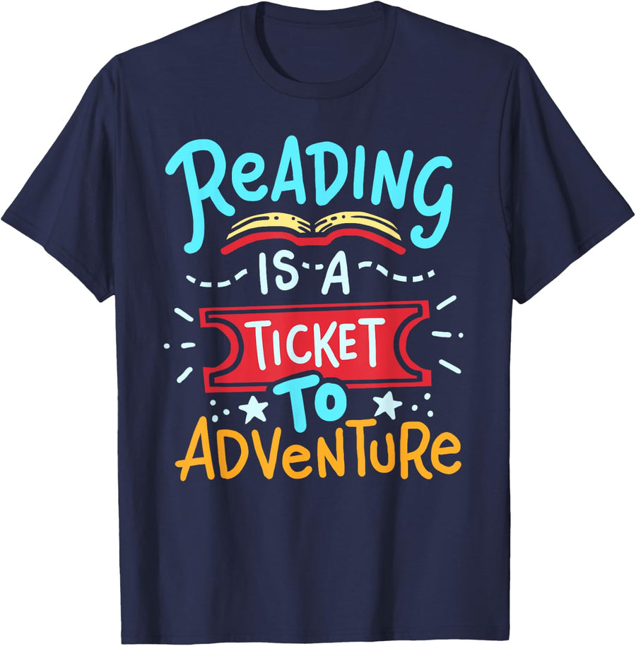 Reading Adventure Library Student Teacher Book Tee T-Shirt for Educators - Navy Blue