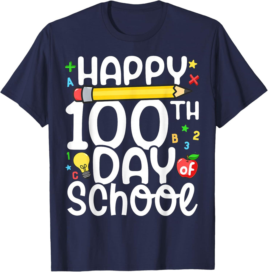 Happy 100th Day of School Teachers 100 Days of School Kids T-Shirt - Navy Blue