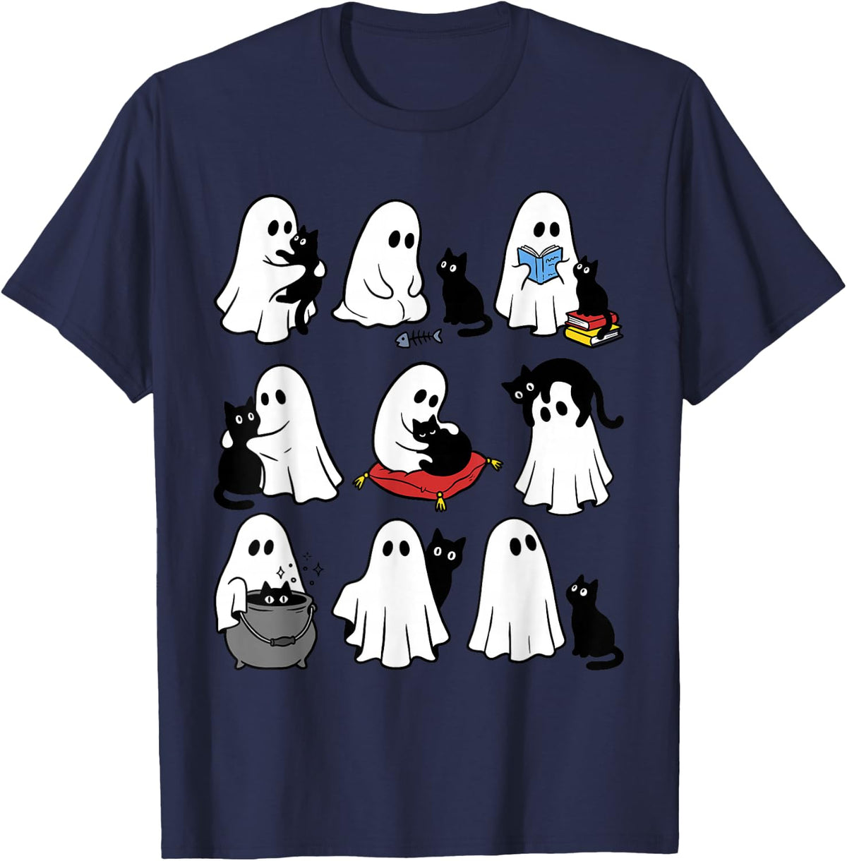 Cute Ghost Holding Black Cats Boo Cat Kitty Kitten Halloween T-Shirt - Navy Blue