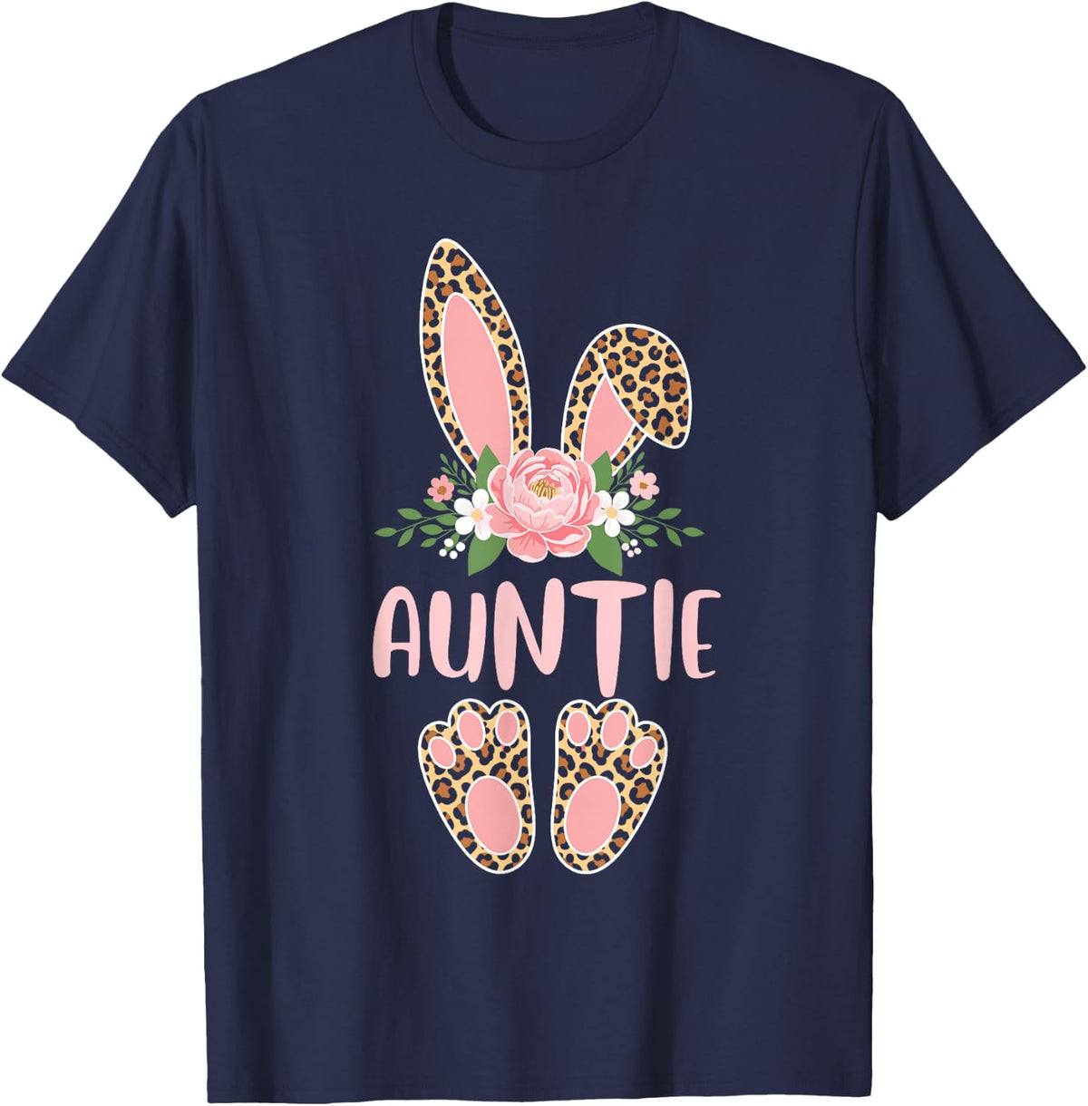 Floral Leopard Auntie Bunny Happy Easter Mother's Day T-Shirt - Navy Blue