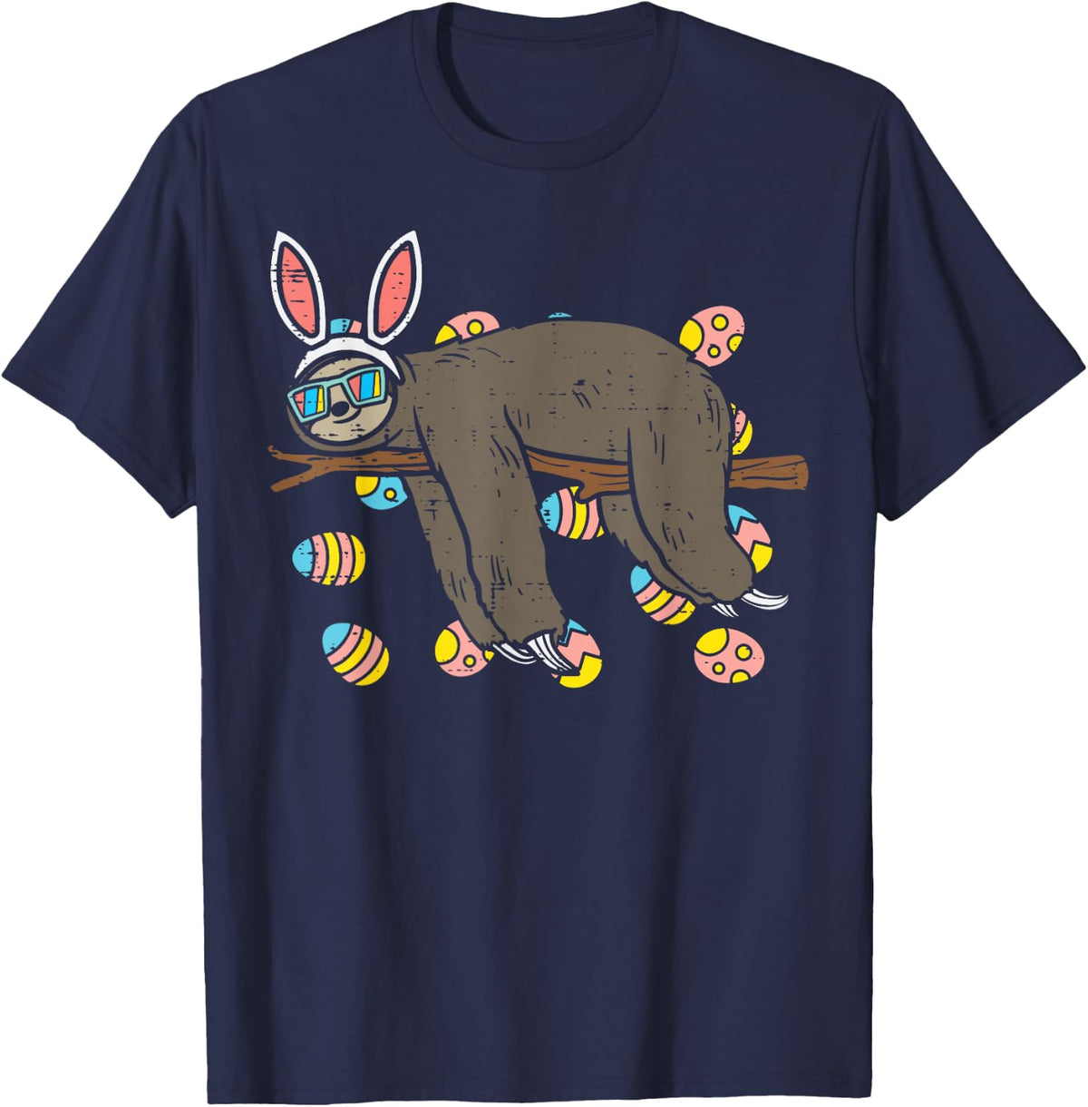 Sloth Bunny Ears Glasses Eggs Lazy Easter Day Animal Lover T-Shirt - Navy Blue