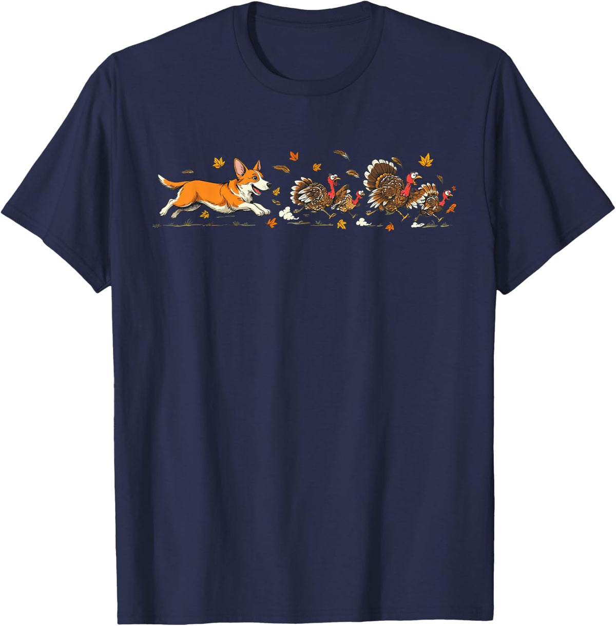 Pembroke Welsh Corgi Turkeys Fall Thanksgiving Dog Funny T-Shirt - Navy Blue