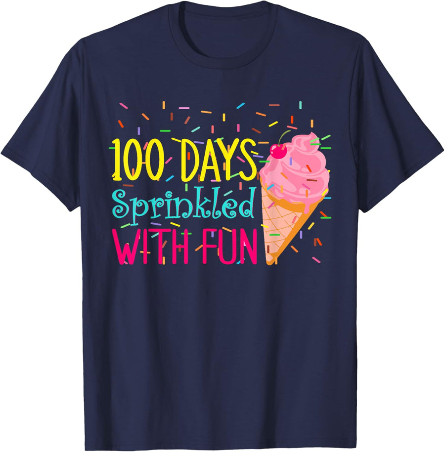 100 Days of School Ice Cream Kindergarten Girls 100th Day T-Shirt - Navy Blue