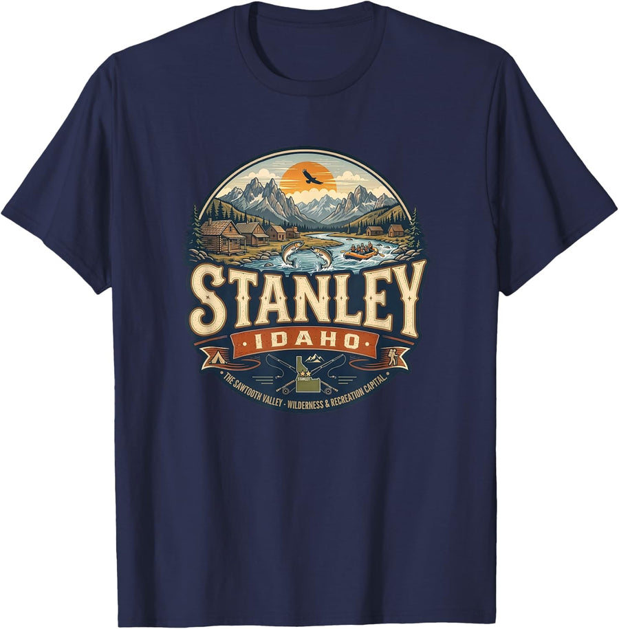 Stanley Idaho Sawtooth Mountains River Rafting Vintage T-Shirt - Navy Blue