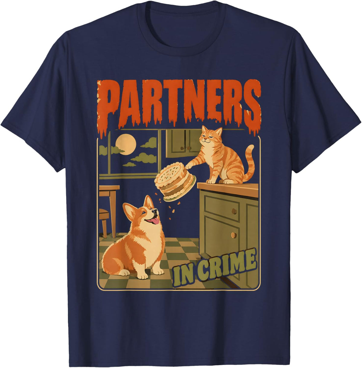 Partners in Crime Corgi and Cat T-Shirt - Navy Blue
