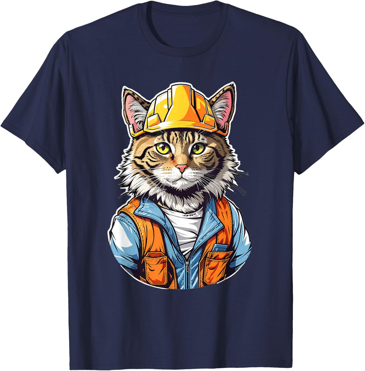 Cute Construction Worker Cat With A Hard Hat Graphic T-Shirt for Men Women Kids - Navy Blue