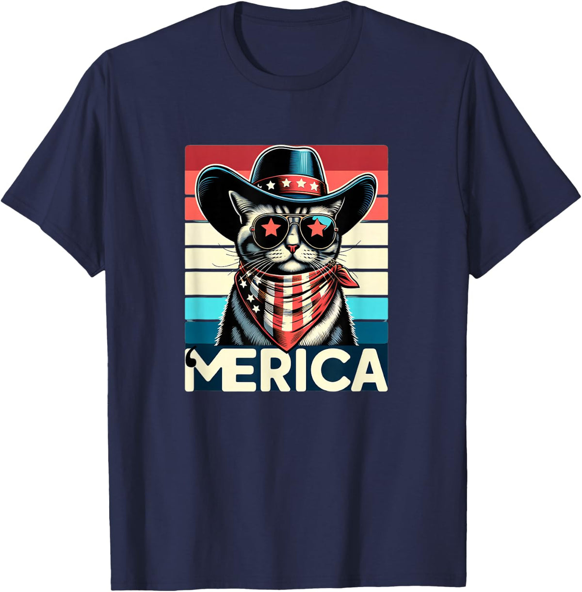 Patriotic Cat: USA 'Merica 4th of July Fun 09S3GH T-Shirt - Navy Blue