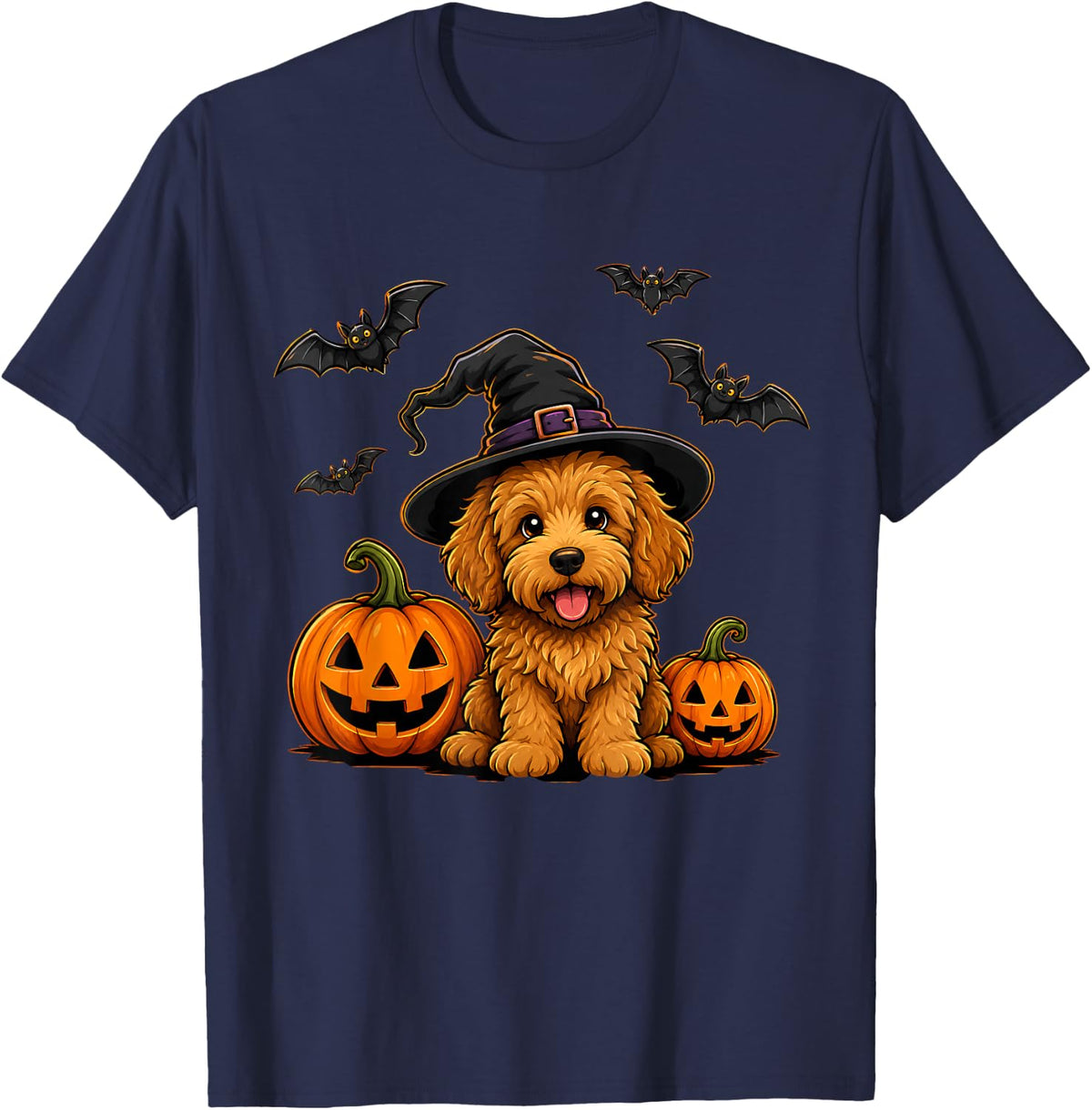 Goldendoodle Dog with Jack O Lantern Pumpkin Bats Halloween T-Shirt - Navy Blue
