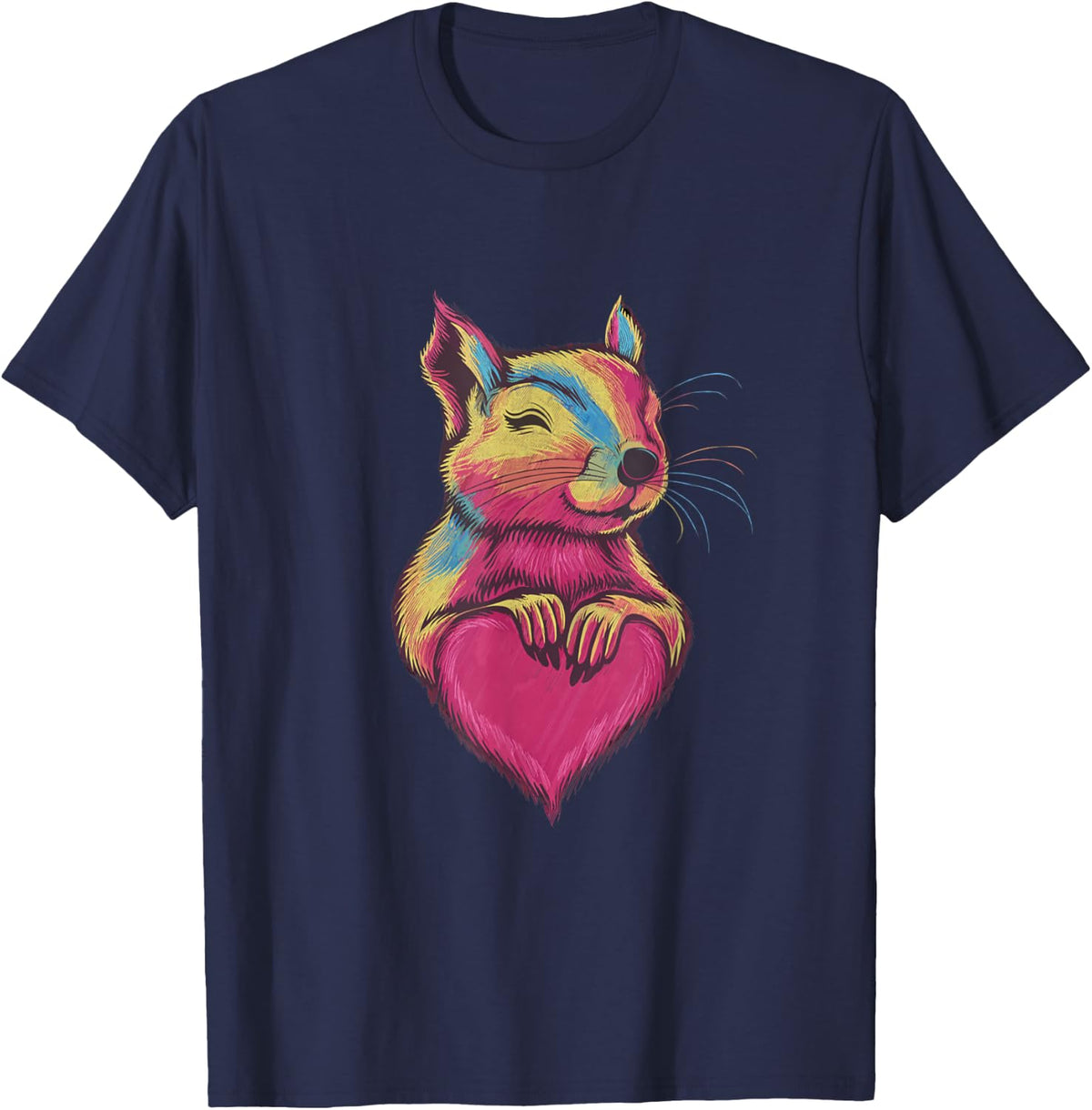 Rainbow Cute Squirrel Hugging valentine Heart Love Squirrel T-Shirt - Navy Blue