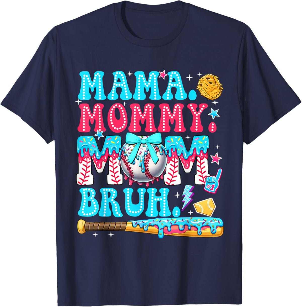 Mama Mommy Mom Bruh Mother's Day Baseball Drip Ice Cream T-Shirt - Navy Blue