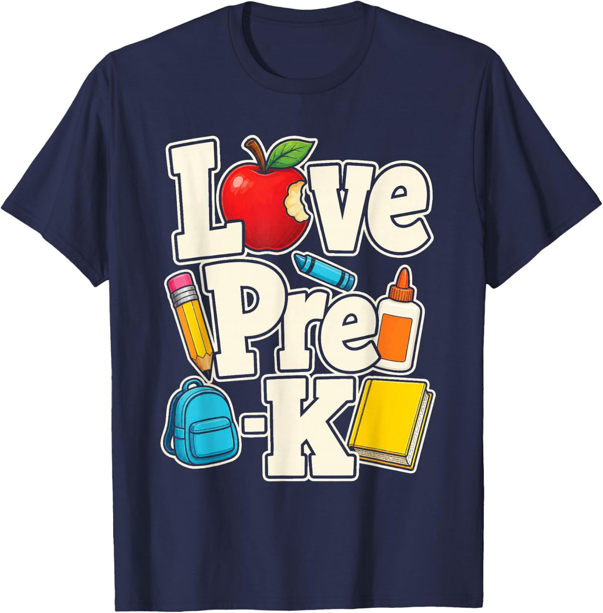 Preschool Teacher Love Pre-K Elementary School Crayons T-Shirt - Navy Blue