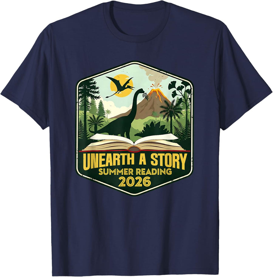 2026 Summer Reading Unearth a Story Teachers Students Book T-Shirt - Navy Blue