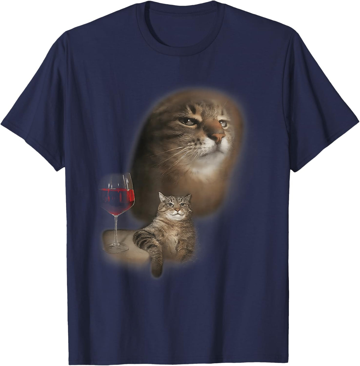 Funny Wine Cat Art Cats Drinking Silly Goofy Ahh Dank Meme T-Shirt - Navy Blue