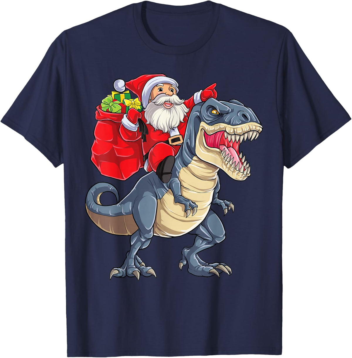 Dinosaur T rex Christmas Santa Boys Men Girls Xmas Squad T-Shirt - Navy Blue