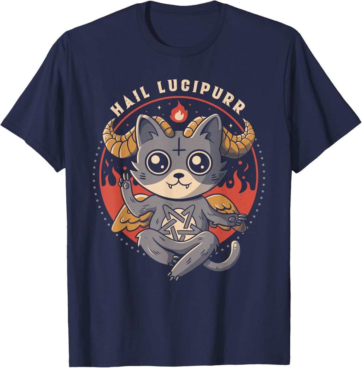 Hail Lucipurr Devil Cat Lover Pentagram Satan Cute Baphomet T-Shirt - Navy Blue