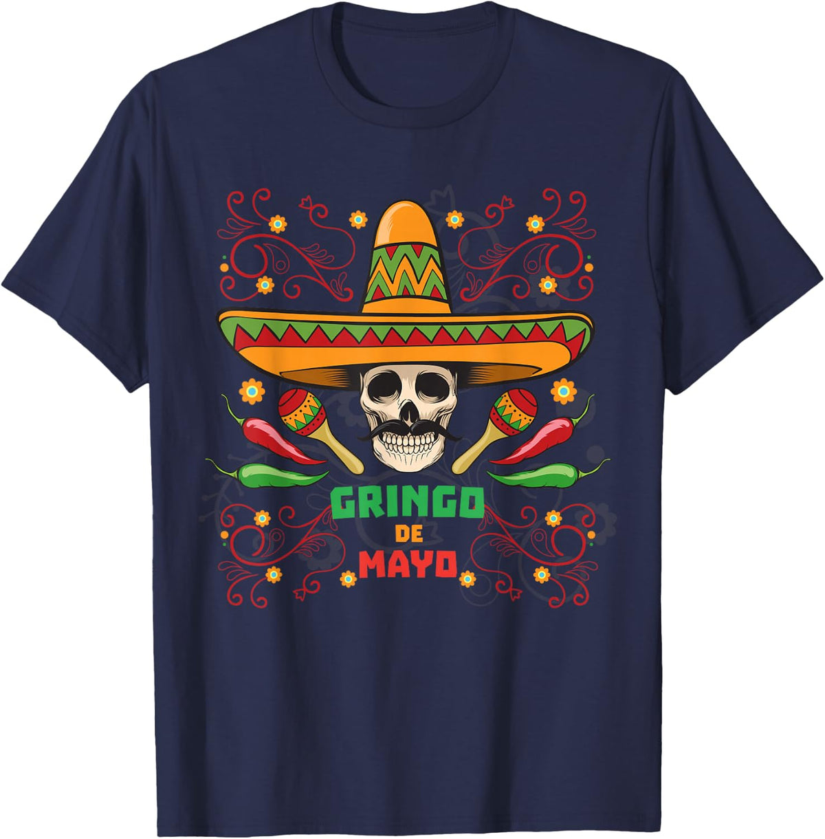 Gringo with Guitar Cactus Sombrero Cinco De Mayo T-Shirt - Navy Blue