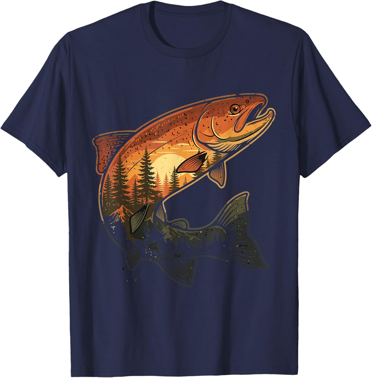 Trout Fishing Mountain Sunset Outdoors Fisherman Men T-Shirt - Navy Blue