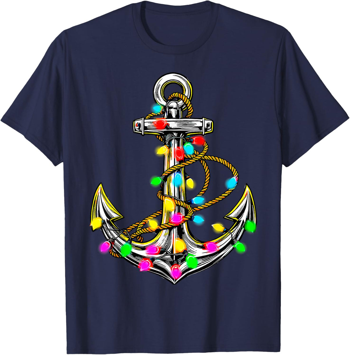 Anchor Christmas Tree Lights Sailor Boat Captain Xmas Tee T-Shirt - Navy Blue