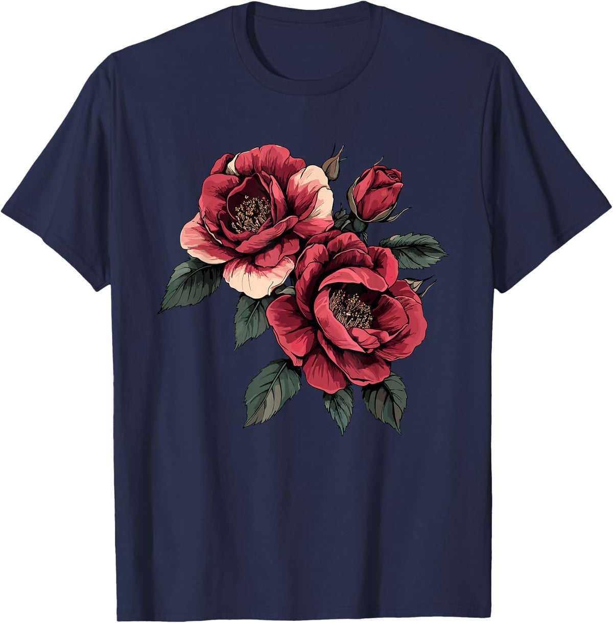 Romantic Red Roses Bouquet Vintage Floral T-Shirt - Navy Blue