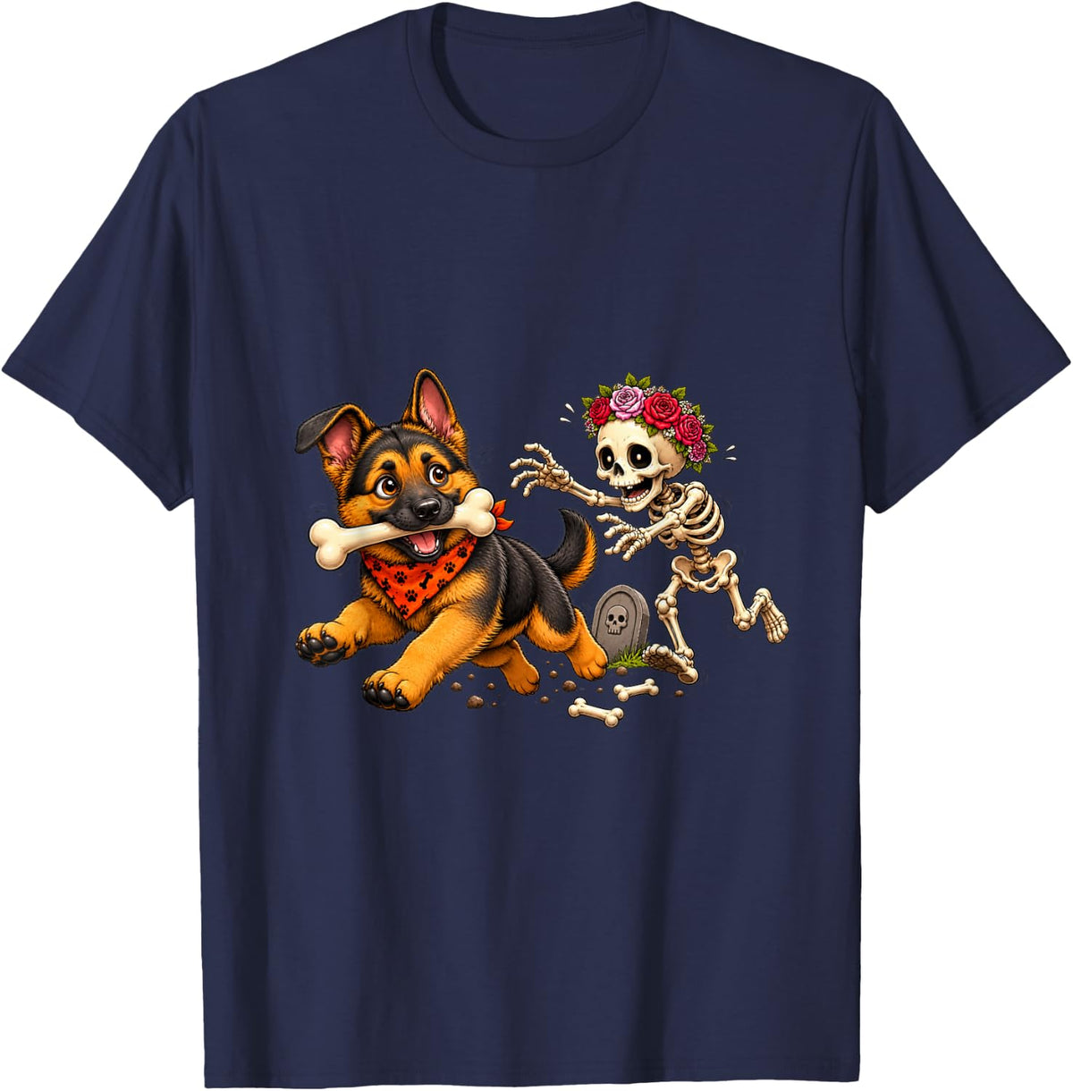 German Shepherd Dog Stealing Bone from Skeleton Halloween T-Shirt - Navy Blue