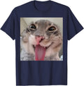 Funny Derpy Cat Tongue Out Wacky Silly Smiling Kitty Face T-Shirt - Navy Blue