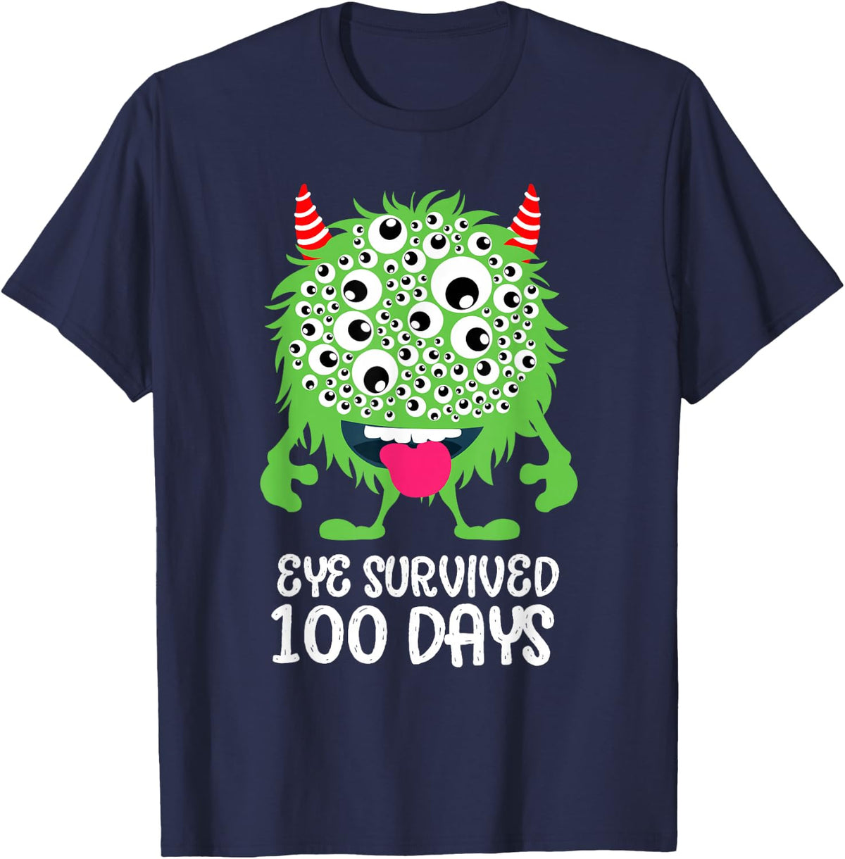 Eye Survived 100 Days Of School Monster Lover Teacher Kids T-Shirt - Navy Blue