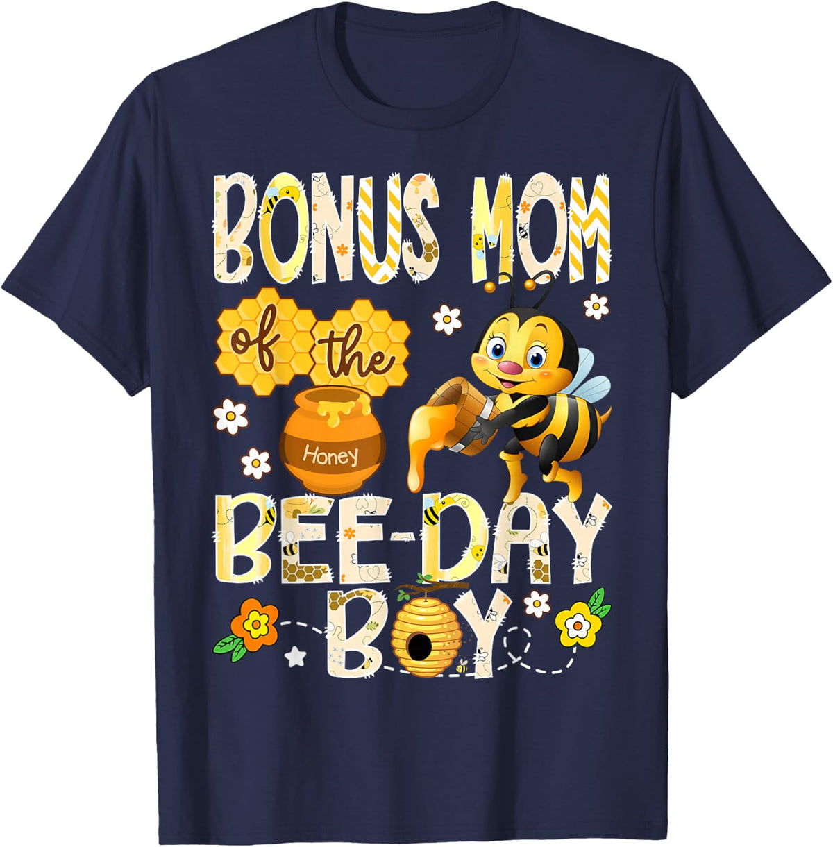 Bonus Mom of The Bee-Day Boy Funny Bonus Mom to Bee T-Shirt - Navy Blue