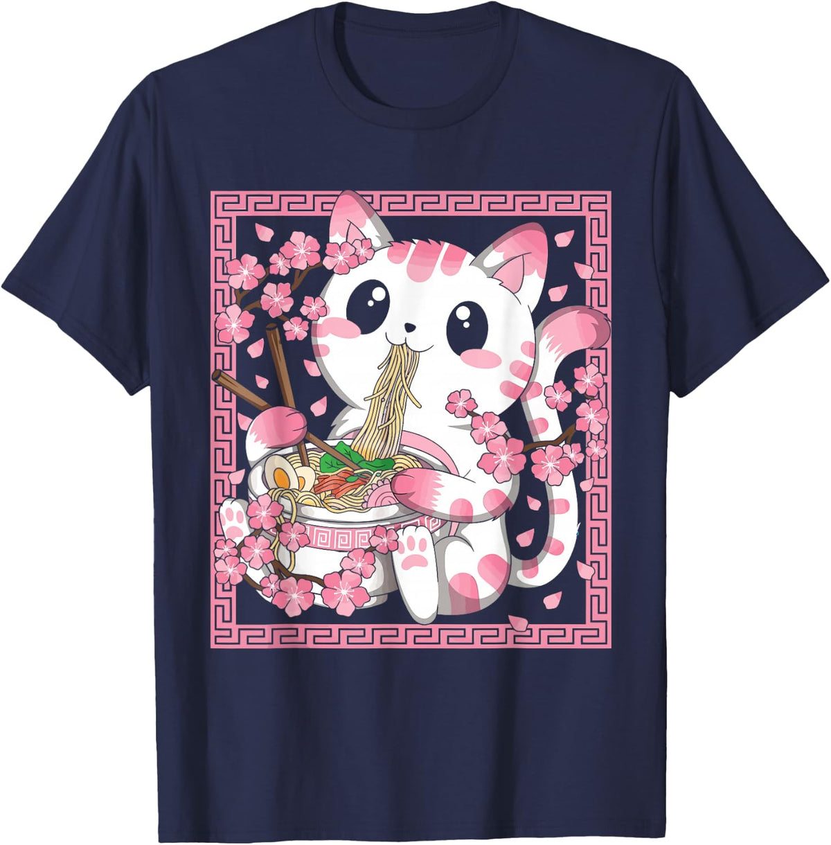 Kawaii Cat Ramen Anime Japanese Cherry Blossom Women Girls T-Shirt - Navy Blue