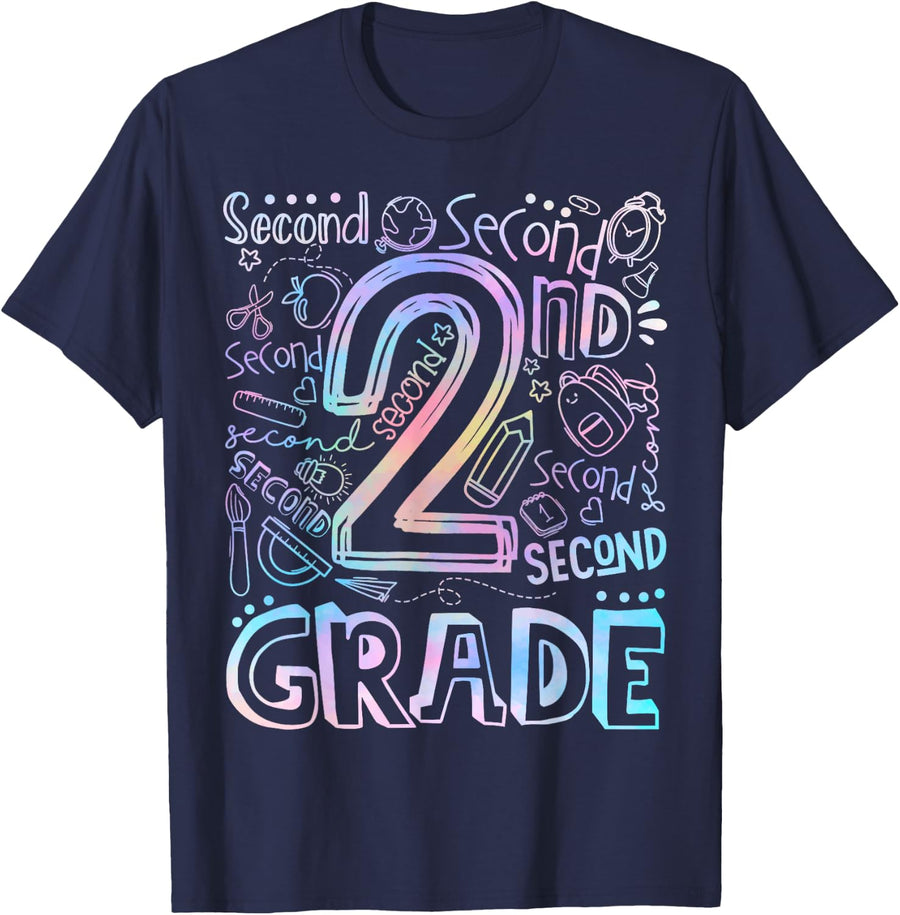 Tie Dye Retro 2nd Grade Typography Team Second Grade Kids T-Shirt - Navy Blue