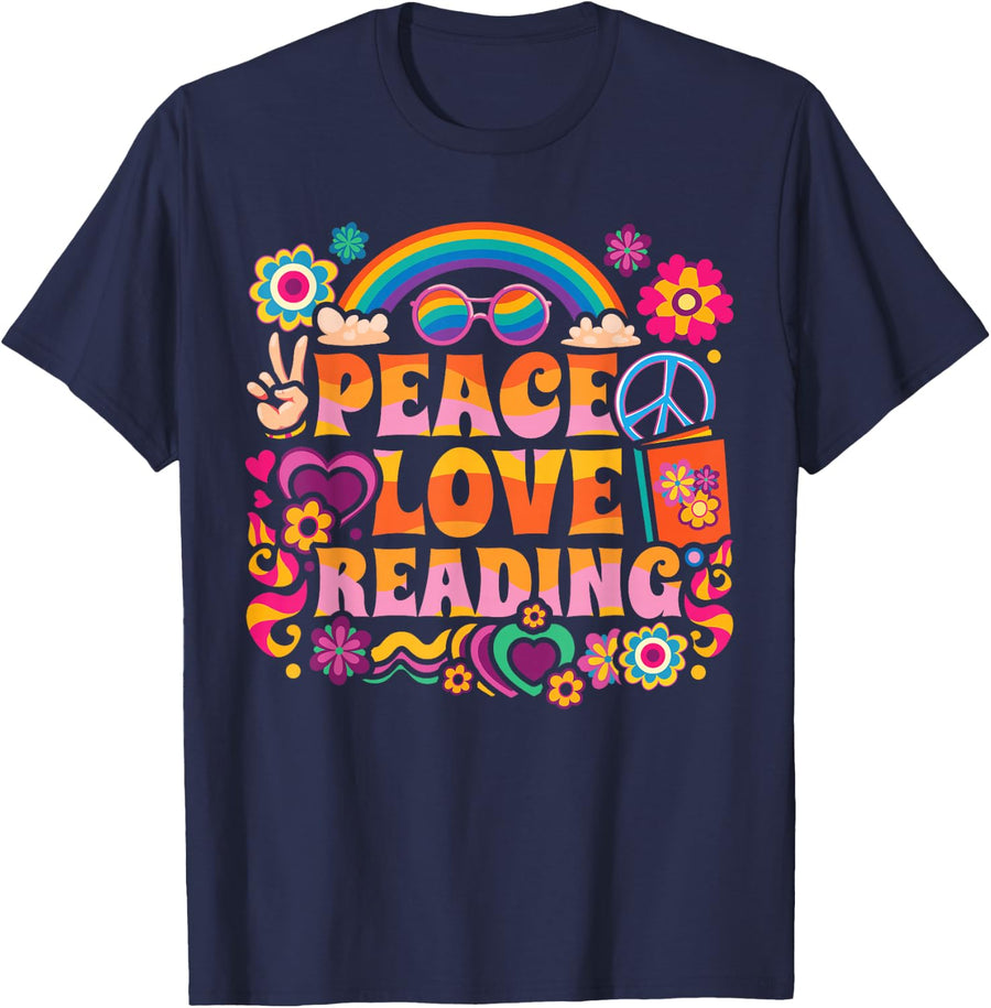 Book Peace Bookworm Hippie Rainbow Peace Sign T-Shirt - Navy Blue