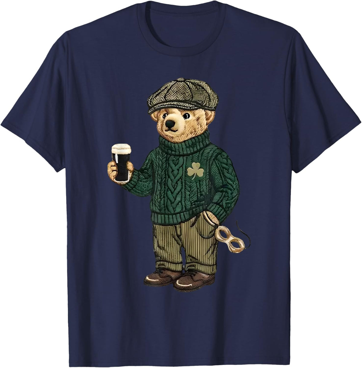 Cool Funny Teddy Bear Feeling Lucky Drinking St Patricks Day T-Shirt - Navy Blue