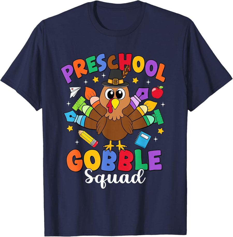Preschool Gobble Squad Turkey Teacher Student Thanksgiving T-Shirt - Navy Blue
