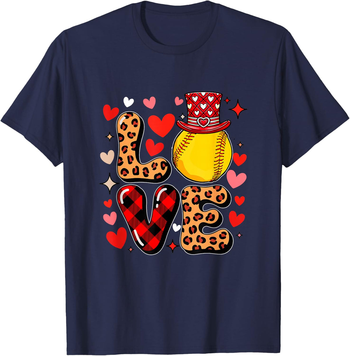 Love Leopard Hearts Valentine's Day Softball Player Team T-Shirt - Navy Blue