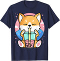 Kawaii Corgi Dog Bubble Tea Boba Anime Neko Japanese T-Shirt - Navy Blue