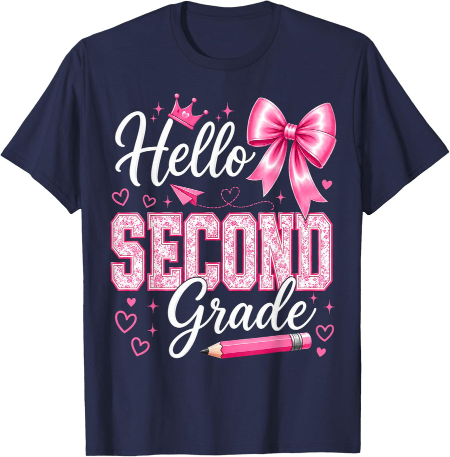 Hello 2nd Grade Girls Teacher Coquette Bow Back to School Tee T-Shirt - Navy Blue